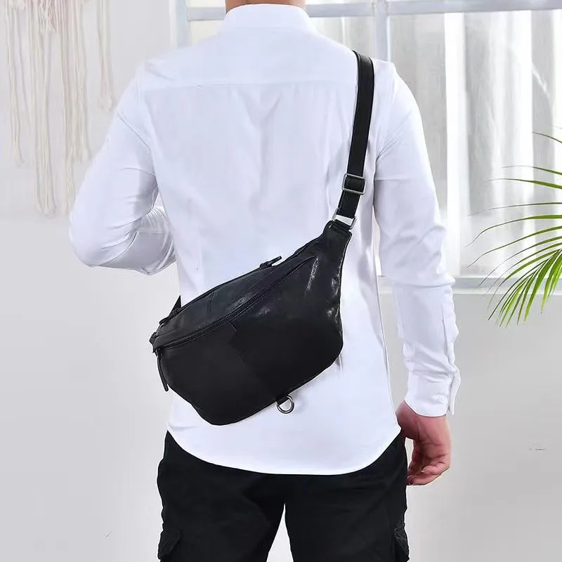 Retro handmade designer top layer cowhide men's black  large chest bag simple casual cellphone soft cowhide youth messenger bag