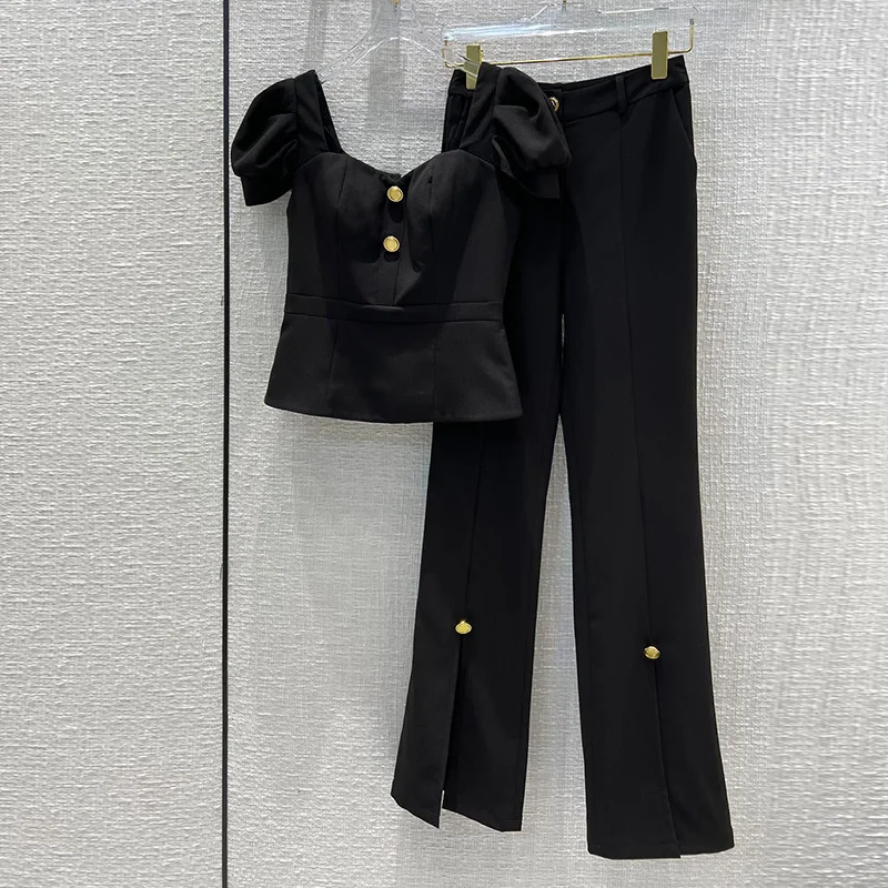 

Summer Long Pant Set Women 2 Piece Set Black Puff Sleeve Slash Neck Short T-shirt Top Sexy Slim High Waist Split Flare Trouser
