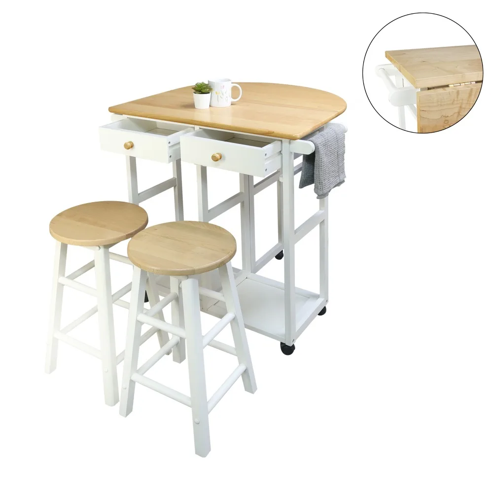 

Casual Home New Folding 3-Piece Space Saving Dining Table Rolling Cart with Drawer and Two Stools, Two-Tone Fin