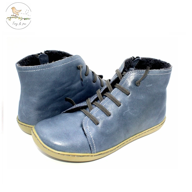 TONGLEPAO Women's Casual Flat Leather Retro Lace-up Boots Side Zipper Round Shoe Leather Ankle Boots Zapatos Mujer Wram Botas