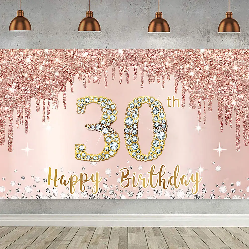 

Happy 30th Birthday Party Decor Backdrop Banner 30 Years Old Pink Rose Gold Diamomd Photography Background for Women Thirty Bday