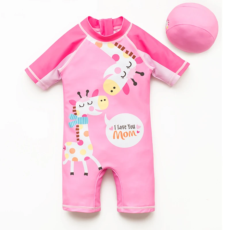 One-piece children's Swimwear 2022 New Giraffe Print Pink Short-Sleeved Hat Cute Student Summer Sunscreen Girl Baby Swimsuit