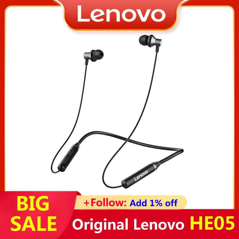 

Original Lenovo HE05 Bluetooth 5.0 Neckband Earphone Wireless Magnetic Sport Headphones with IPX5 Waterproof Noise Canceling