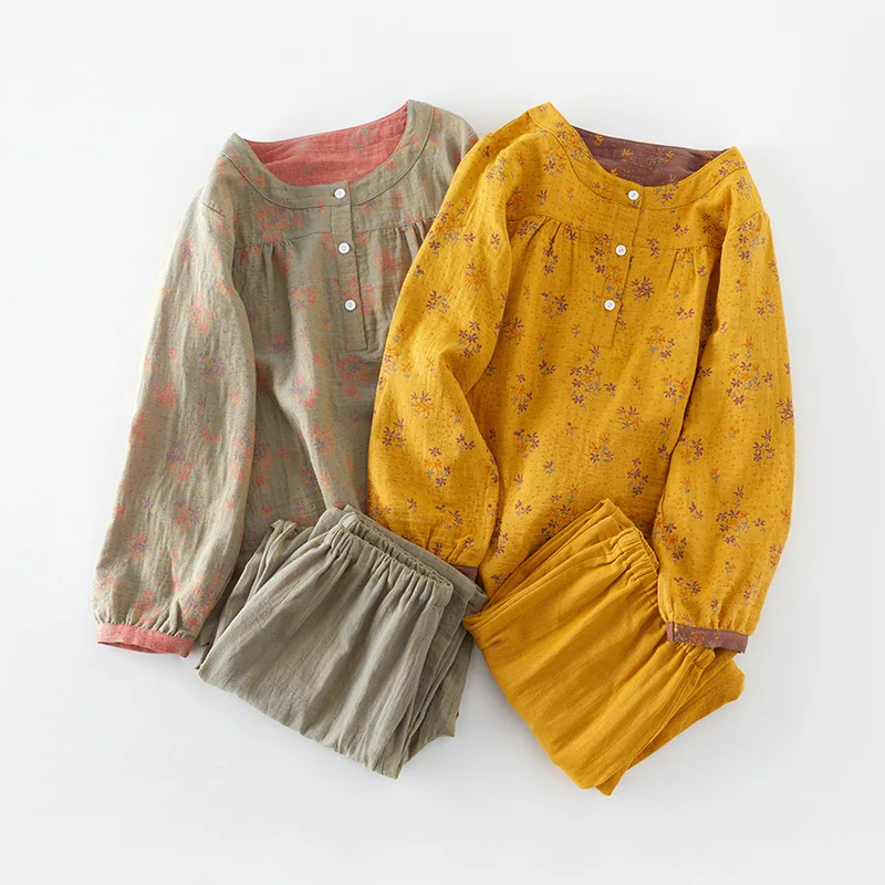 Pajamas Sets 2022 Autumn Cotton Gauze Jacquard Round Neck Small Floral Two-Color Pajamas Long Sleeve Trousers Women Sleepwear