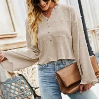 autumn and summer new style foreign trade solid color ruffled v neck shirt temperament loose and thin fashion long sleeved shirt