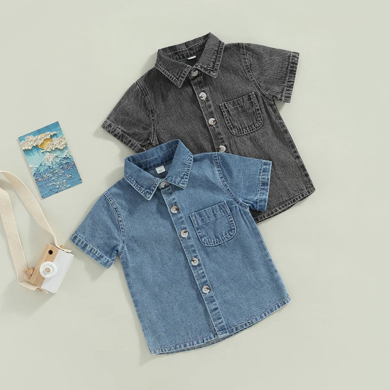 

Denim Down Children Short Boys Tops Baby Toddler Shirts Sleeve Button Color Summer Casual Kids Solid Clothing T-shirt