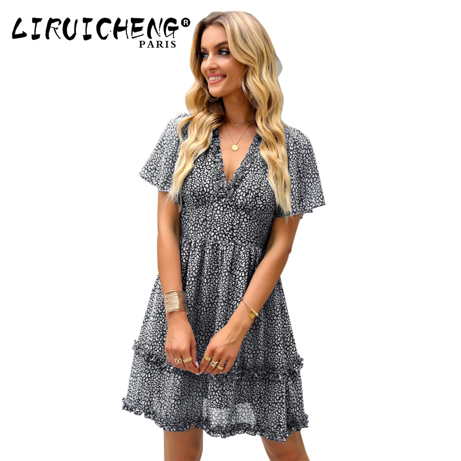

2023 Women's Wear Fashion Summer Lotus Leaf Sleeve V-neck Sexy Floral Temperament Dress