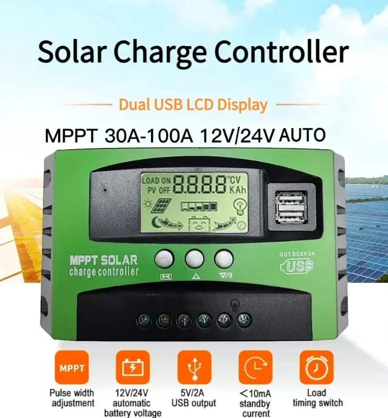 Контроллер заряда солнечной батареи MPPT 30A 40A 50A 60A 80A 100A Dual USB ЖК-дисплей 12V 24V