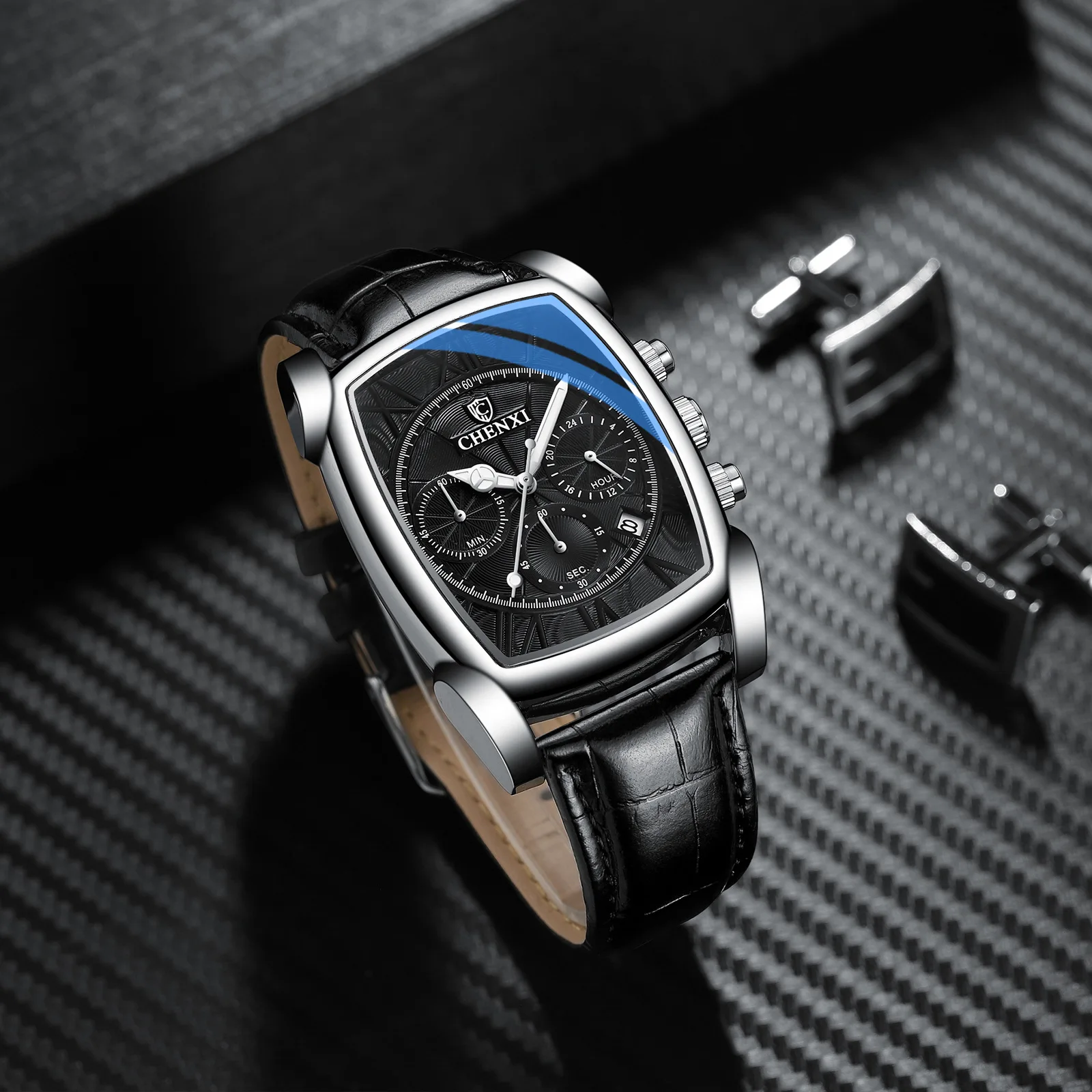 New Multifunctional Sports Watch Men's Genuine Leather Rectangular Waterproof Luminous Quartz Watch enlarge