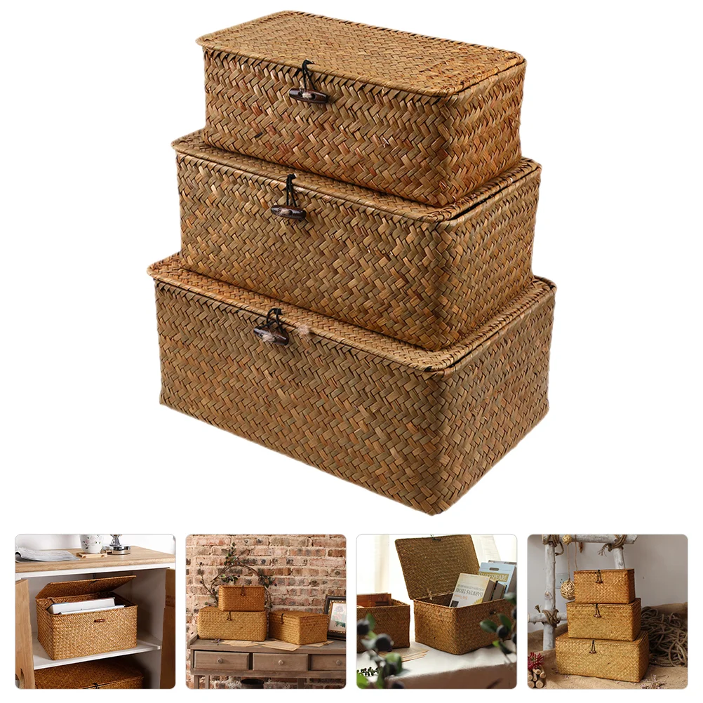 

Decorative Storage Bins Lids Seagrass Basket Desktop Toy Case Portable Woven Baskets
