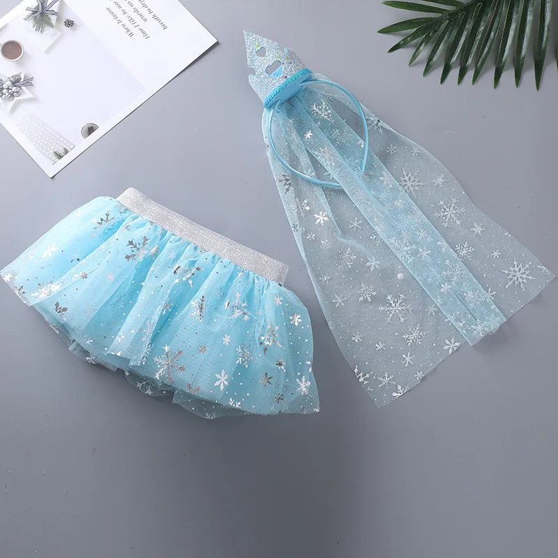 

Girls Blue Snowflake Sequin Mesh Elsa Queen's Crown Veil Puffy Tutu Skirt Set Baby Kids Photo Props Clothing Toddler Infant Wear