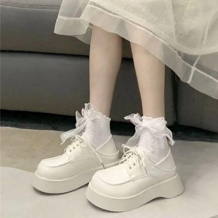 

white Vintage oxford platform Shoes Women Spring autumn Fashion Comfortable Leather Platform Oxfords Loafers Casual Boat Shoes