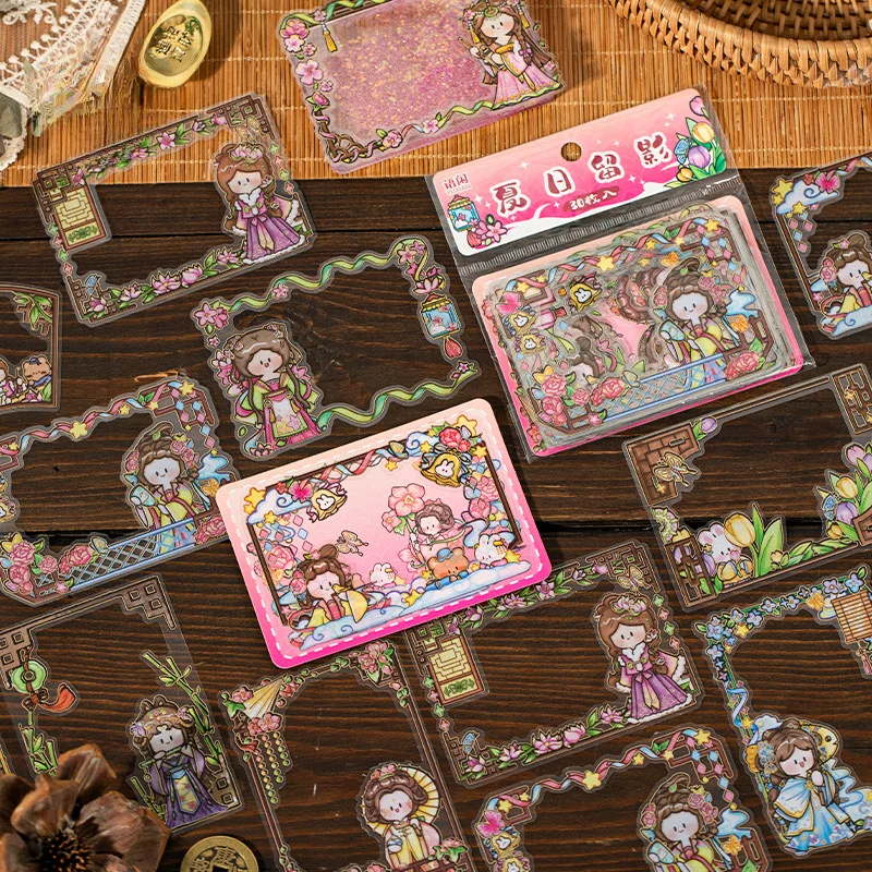

Aguo Flower God Set PET Hot Gold Frame Sticker Ancient Style Character Guzhuan Folding Fan Decoration Collage Painting PET