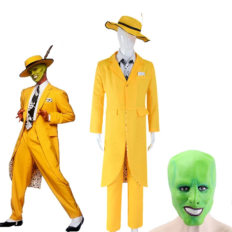 

Movie Men Jim Carrey The Mask Cosplay Halloween Costume For Adult Funny Yellow Full Suit