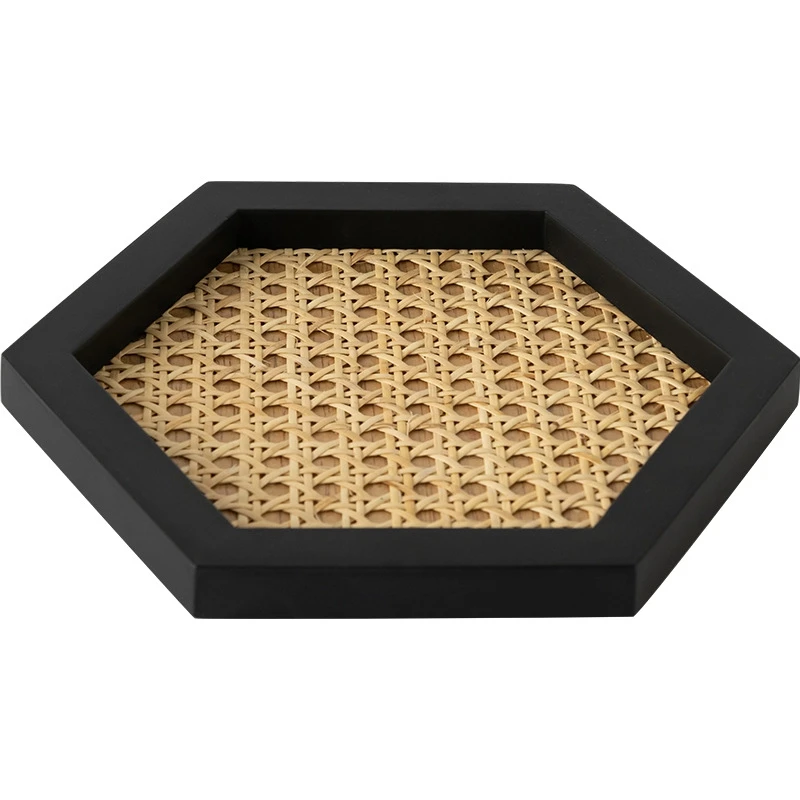 

2 Pcs Home Nordic Rattan Woven Tray Wooden Handmade Ins Wind Geometric Ornament Key Storage Tray Black & Wood Color