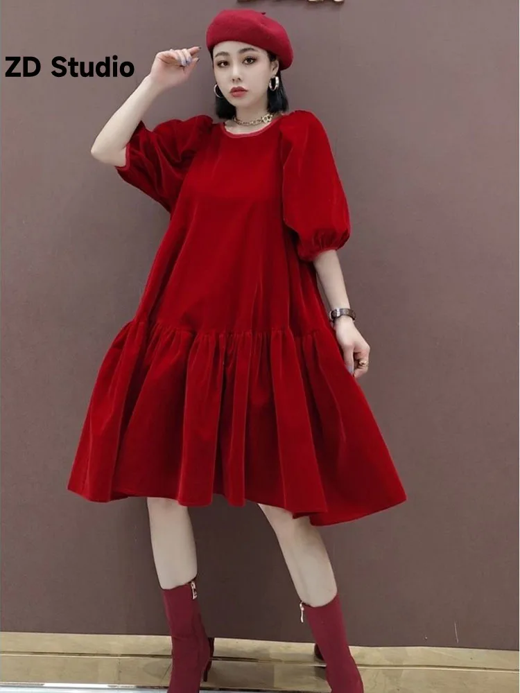 

[ZD Studio] 2023 Spring New Fashion Dress Korean Golden Velvet Pleated Skirt Women's Wear Loose robe