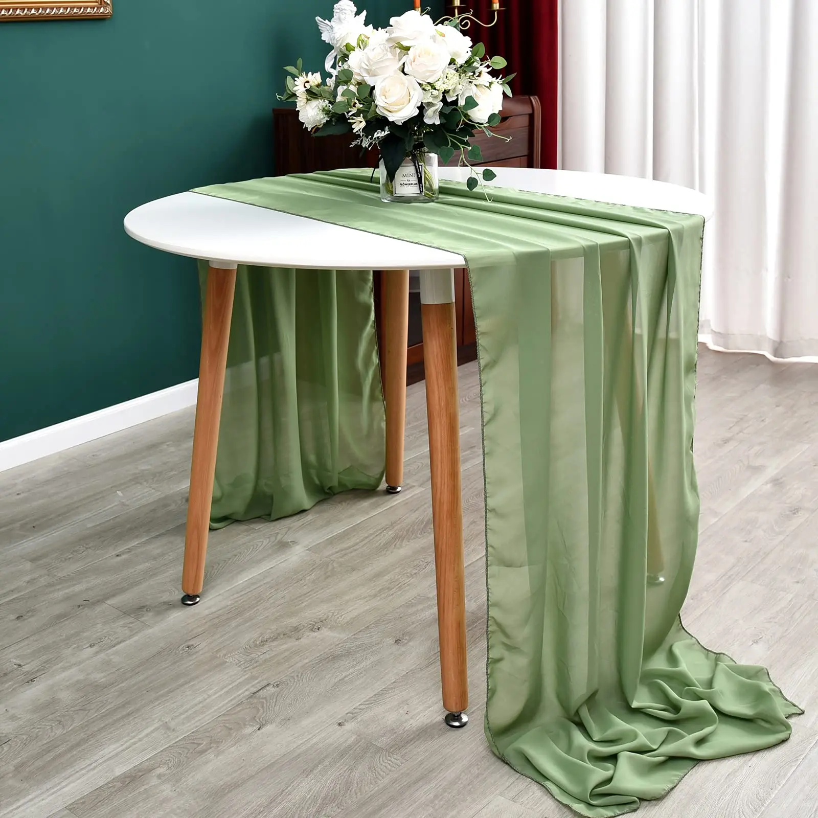 

Sage Green Chiffon Wedding Table Runner Table Setting Gauze Sheer Vintage Dining Birthday Party Cake Table Decor Marriage