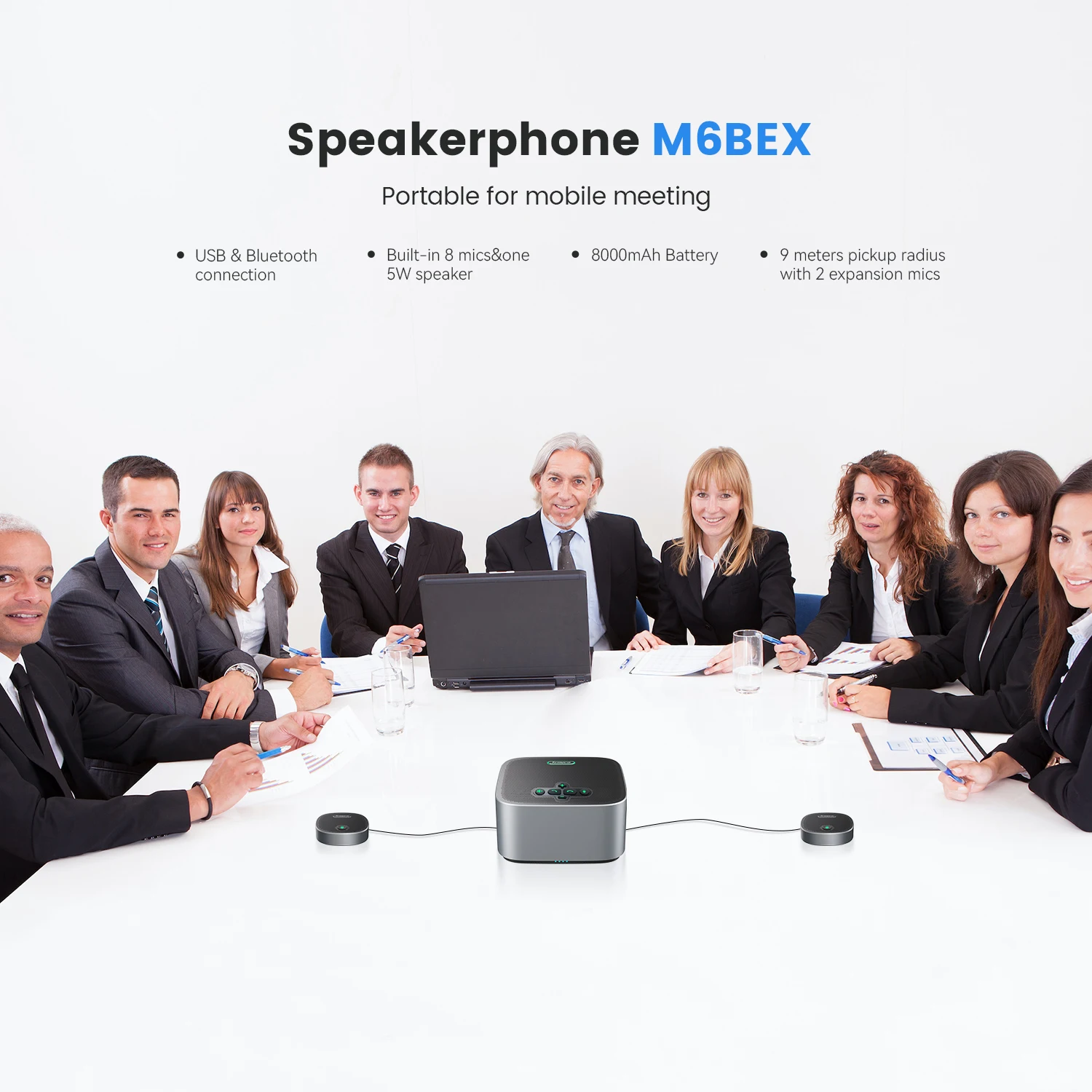 Фото Беспроводной конференц-спикерфон Tenveo M6BEX с 2 дополнительными микрофонами, радиус захвата голоса 29 футов (9 м) №3