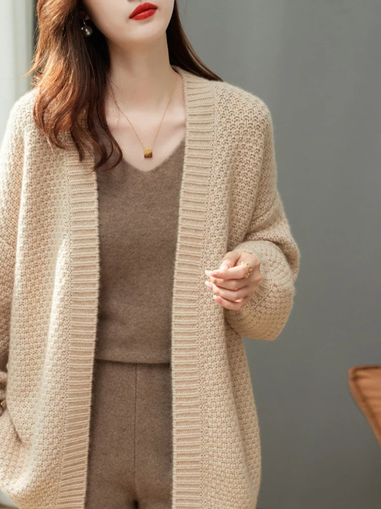 

Женский вязаный кардиган, элегантный свободный свитер абрикосового цвета с длинными рукавами-фонариками и V-образным вырезом, модель M235 в Корейском стиле на весну и зиму, 2023