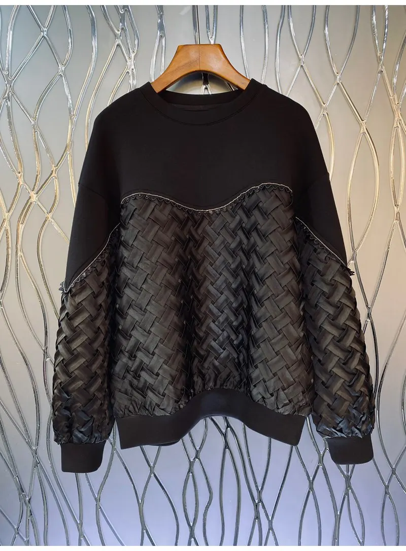 

High Quality New Sweatshirts 2022 Autumn Winter Tops Women Sequined Patchwork Long Sleeve Casual Black Jumpers Ladies Outfits