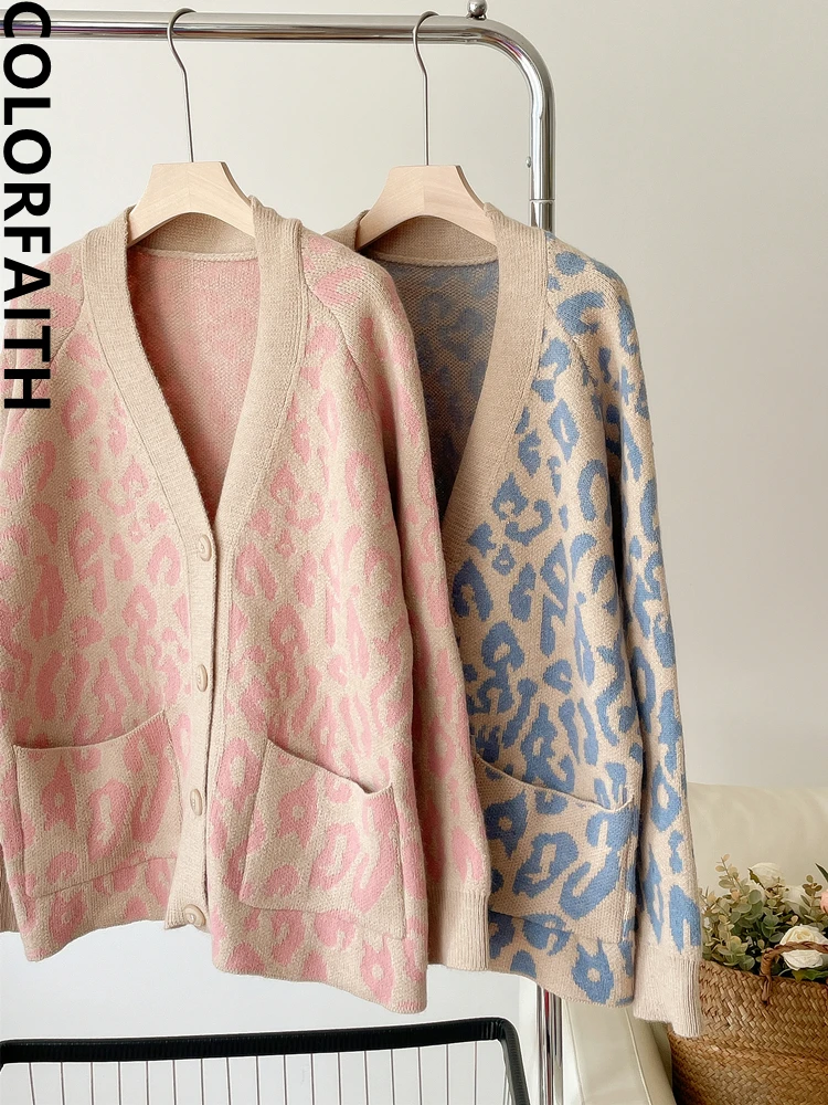 

Colorfaith New 2022 Korean Fashion Oversized Leopard Sweaters Women Autumn Winter Chic Cardigans Vintage Elegant Tops SWC3856JX