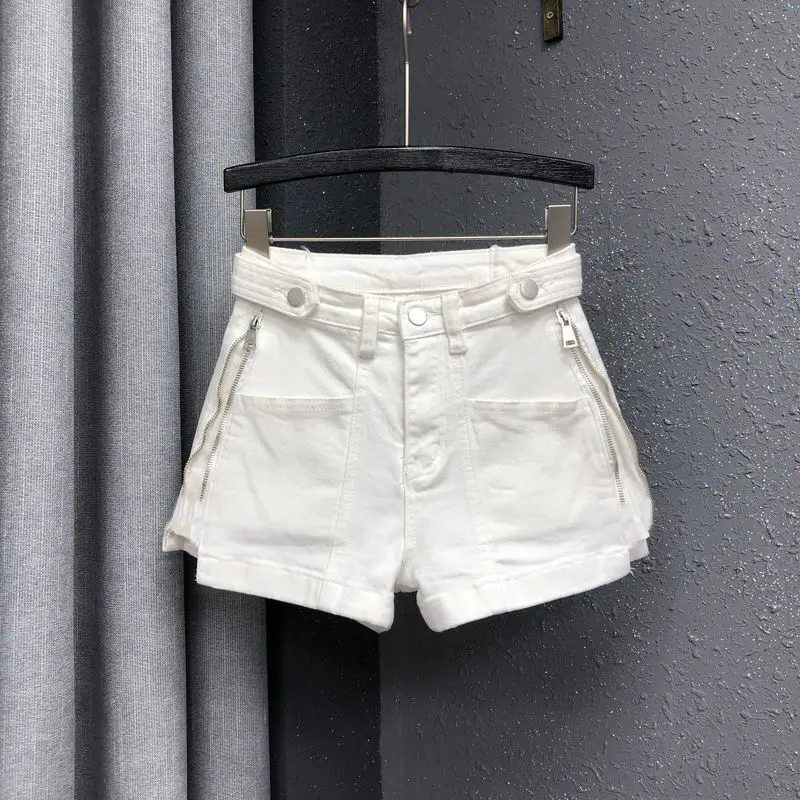 white denim shorts women's trendy summer new high waist  A-line shorts  loose and thin wide-leg hot pants  Cotton  Shorts