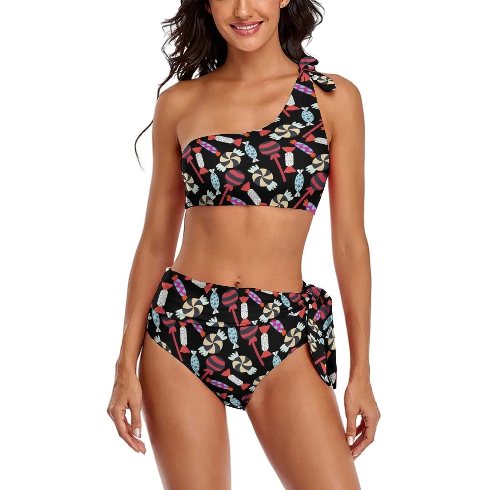

Candy Print Bikinis Set Lollies Lollipop Bikini Swimsuit Sexy One Shoulder Trend Swimwear Sport Two-Piece Beach Wear