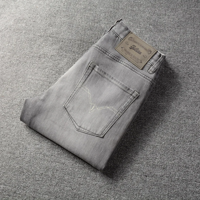 European Vintage Fashion Men Jeans High Quality Retro Gray Elastic Slim Jeans Men Denim Trousers Simple Designer Pants Hombre