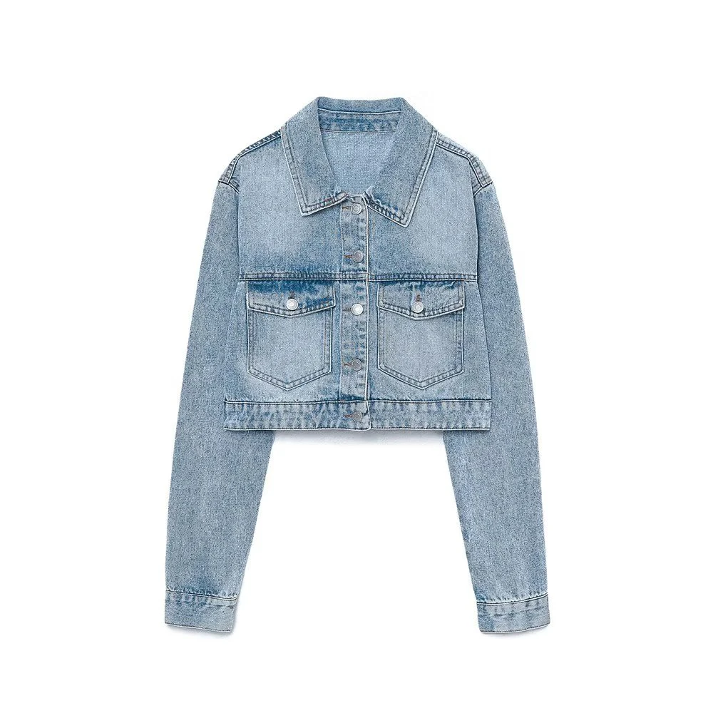 

BER&OYS&ZA new exquisite metal button bust short denim jacket versatile durable neat slim placket pocket light blue jac