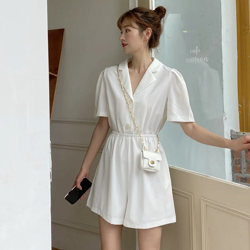 Woman Loose Straight Wide Leg Shorts Playsuits Summer 2021 Women Suit Collar Purple Jumpsuit New Korean High Waist Casual Shorts
