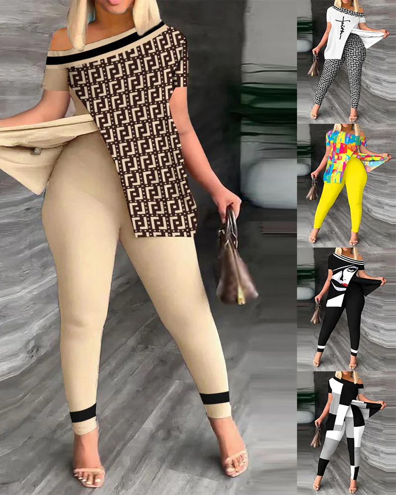 

New Two Piece Female Leisure Printing Diagonal Collar Split Hem Elegance Long Sleeved Top Trousers Suit Women Matching Sets