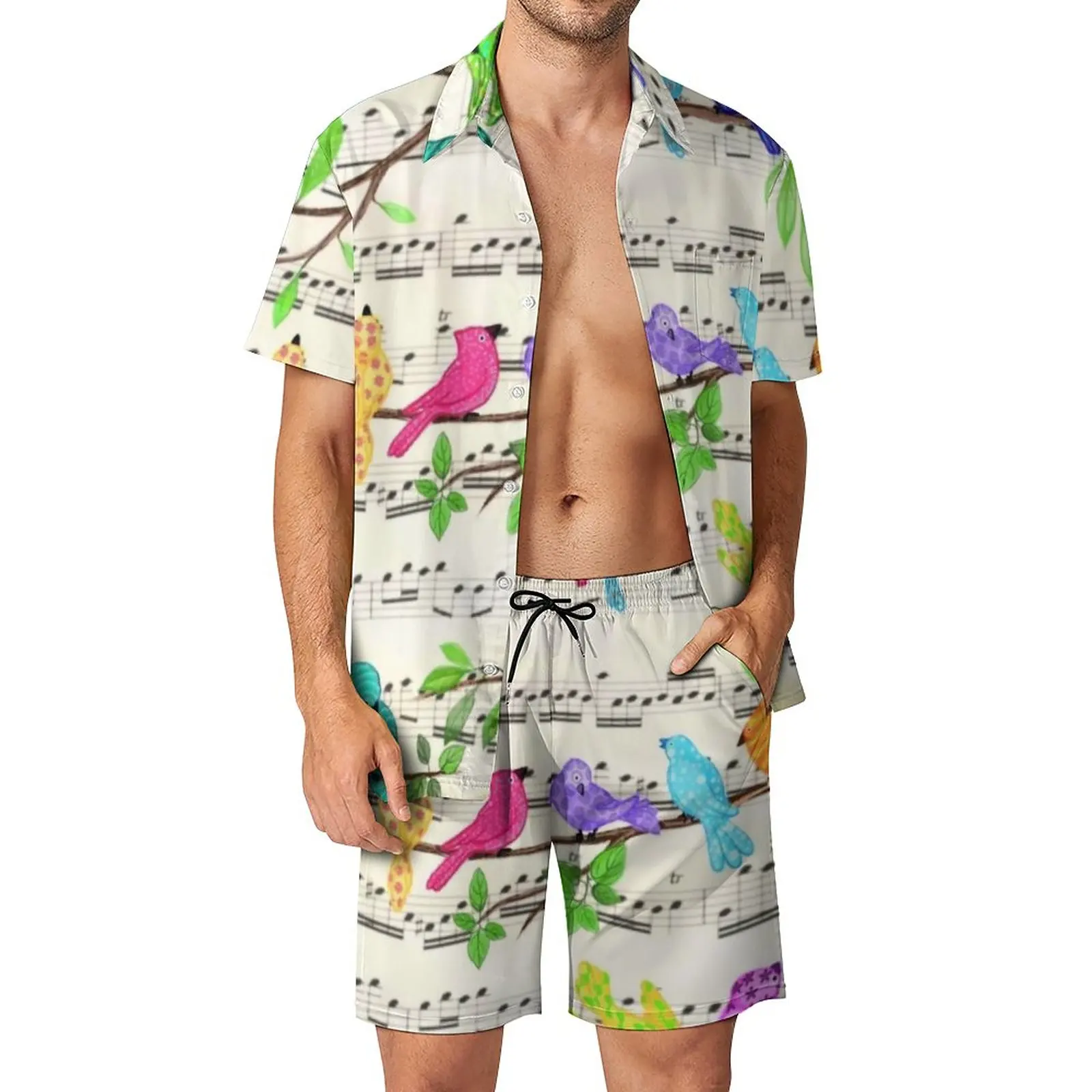 

Musical Birds Men Sets Colorful Parrot Print Casual Shorts Streetwear Vacation Shirt Set Short Sleeve Graphic Big Size Suit