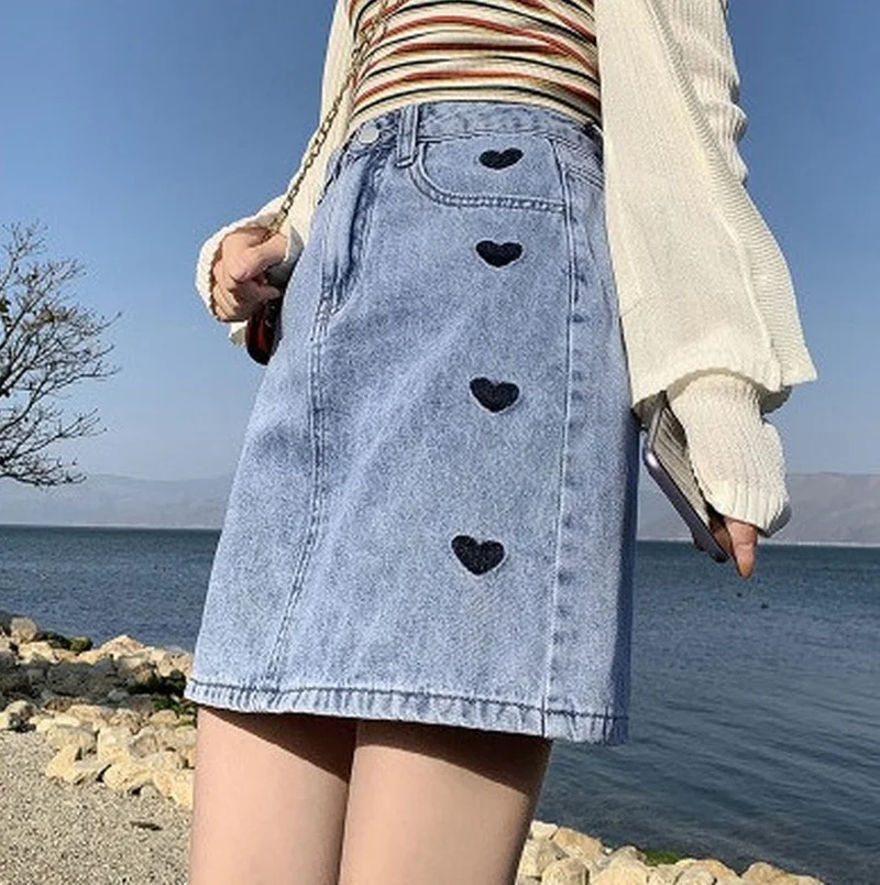 

Женские корейские тонкие облегающие трапециевидные короткие юбки с завышенной талией, лето 2021, женская любовь, модная повседневная Уличная...