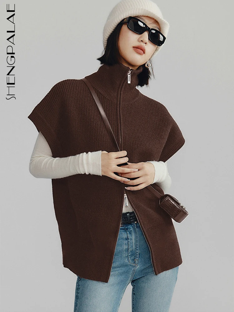 

SHENGPAIAE Vintage High Neck Zipper Sweater Vest French Design Sense Of Minority Chic Sleeveless Sweater Women 2023 Autumn 5W846