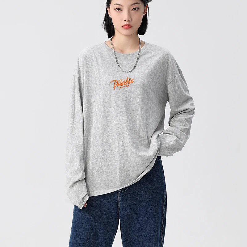 

Grey Women Tees Long Sleeve Casual Round Neck T Shirt Daisy Pattern Printing Series Tops Fashion Female Clothing