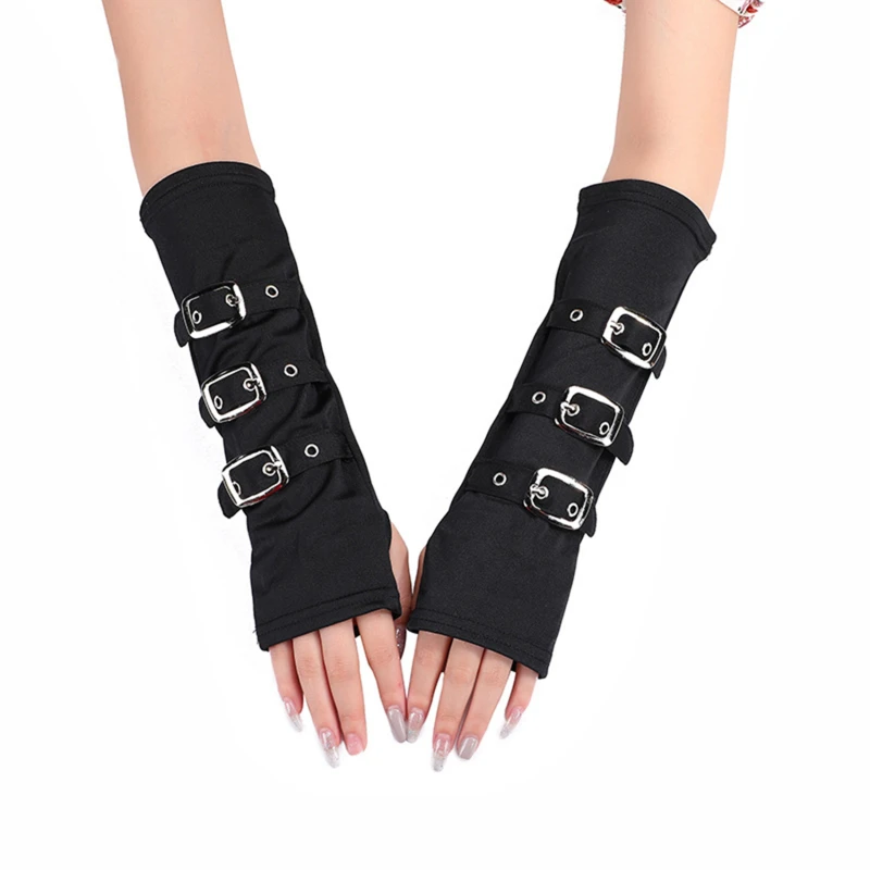 

Women Wrist Mitten Half Finger Rivet Belt Punk Hip Hop Party Glove Unisex Gothic Fingerless Eyelet Ribbon Elbow Gloves Harajuku