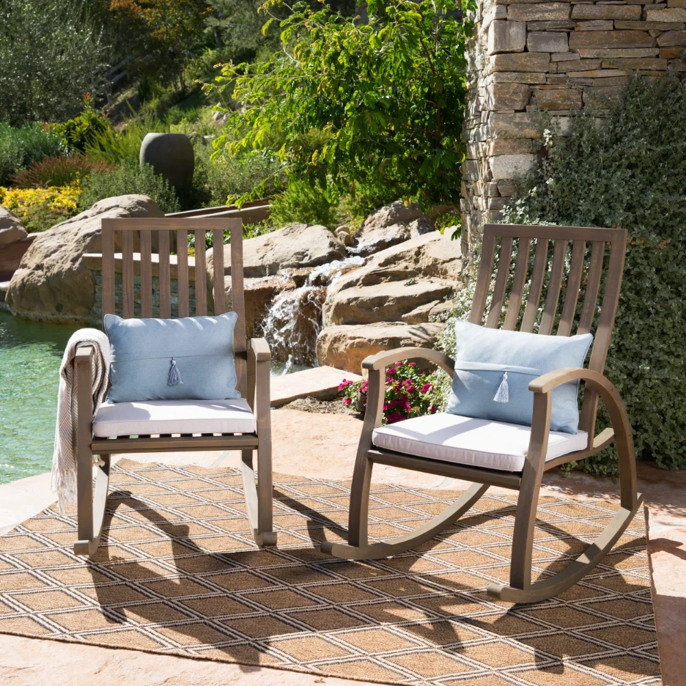 

Corbin Outdoor Acacia Wood Rocking Chair with Cushions, Set of 2, Grey