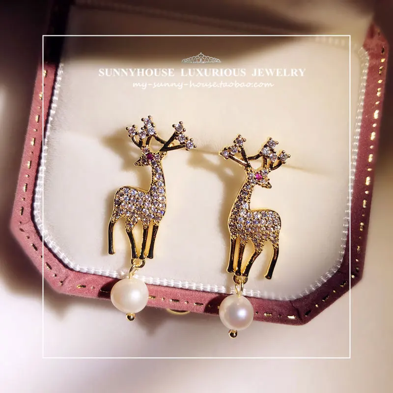 

HOYON Christmas earrings For women 2022 full of diamonds micro-inlaid zircon elk pearl earrings cute all-match Free shipping