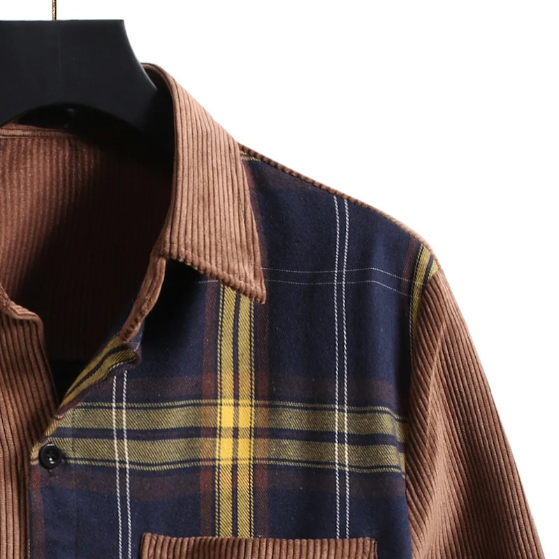 Men's Corduroy Long Sleeve Shirt Autumn and Winter New Plaid Color Matching Blouse Men Cotton Casual Square Collar Top S-2XL