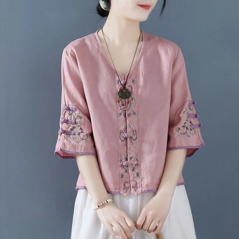 

2022 lady tang suit shirt traditional chinese style tops classic mandarin collar blouse vintage short tops for woman