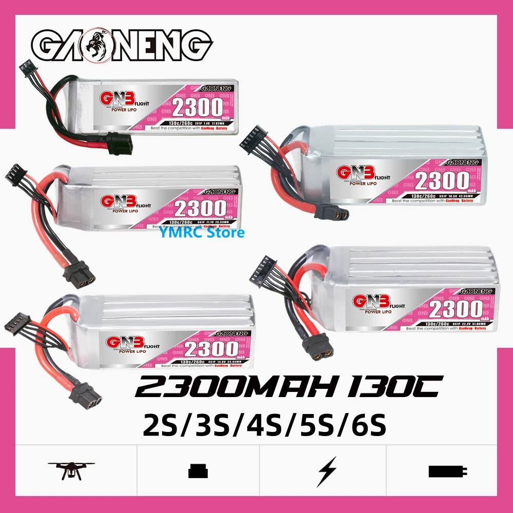 

GAONENG GNB 2300mAh 2S/3S/4S/5S/6S 7.4V/11.1V/14.8V/18.5V/22.2V 130C LiPo Battery with XT60 Plug for FPV Racing Drone Fixed Wing