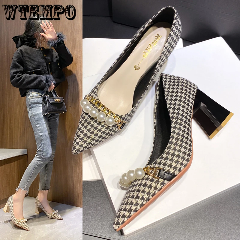 

Туфли-лодочки женские на толстом каблуке, с жемчугом