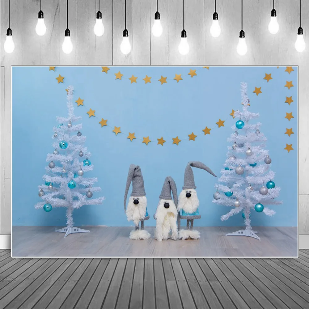 

Blue Christmas Snow Tree Santa Claus Wallpaper Photography Backdrop Custom Children Star Bell Party Decoration Photo Background