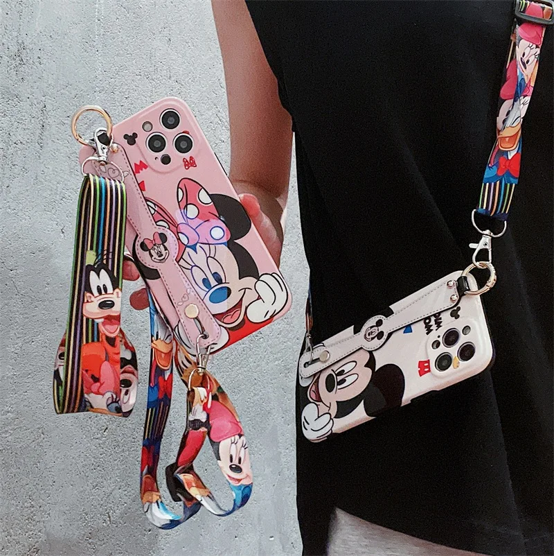 

Cartoon Disney Mickey Wrist strap Phone Case For iPhone 14 13 12 11 Pro max X XR XS MAX 7 8 SE With Crossbody Lanyard back cover