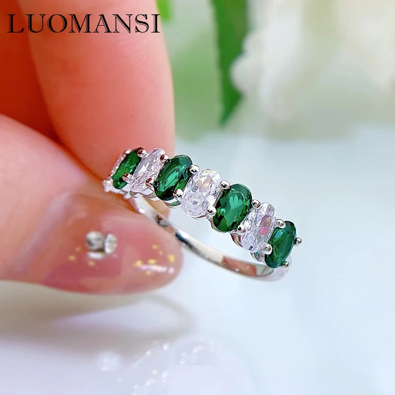 

Luomansi Fashion Green White High Carbon Diamond Spacer Silver Ring 100%-S925 Jewelry Wedding Party Commemorative Gift