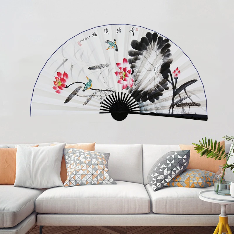 

Large Folding Paper Fan Chinese Style Crafts Banboo Frame Background Decorative Fan Hanging Decoration Evening Lotus And Bird