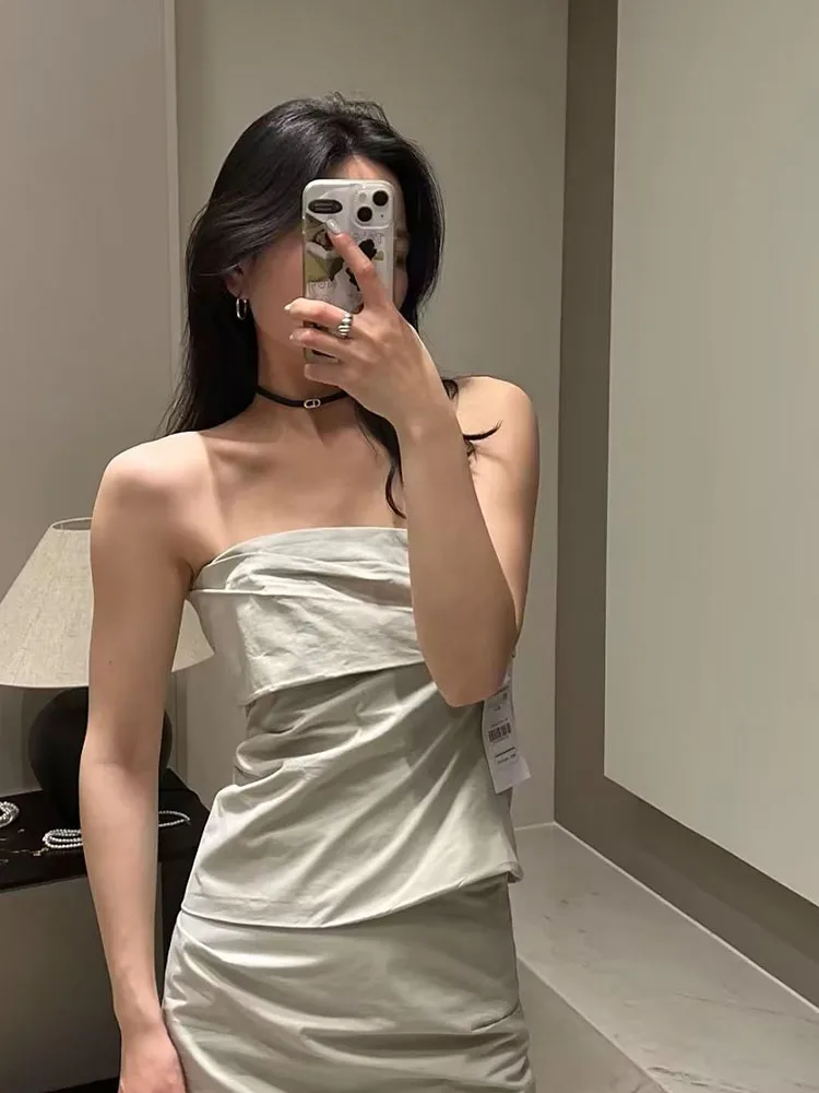 

Новый женский топ с воротником-стойкой и открытыми плечами, плиссированный тканевый дизайнерский топ с металлической застежкой-молнией сз...