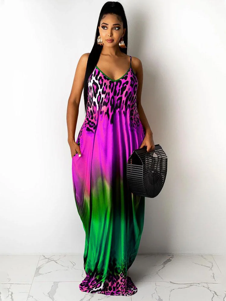 

Женское Макси-платье свободного кроя с леопардовым принтом, тонкие бретельки, карманный дизайн, повседневные летние платья, женские