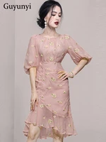 elegant party dress 2022 summer floral embroidery five point lantern sleeve high waist line single row beaded comfortable dress