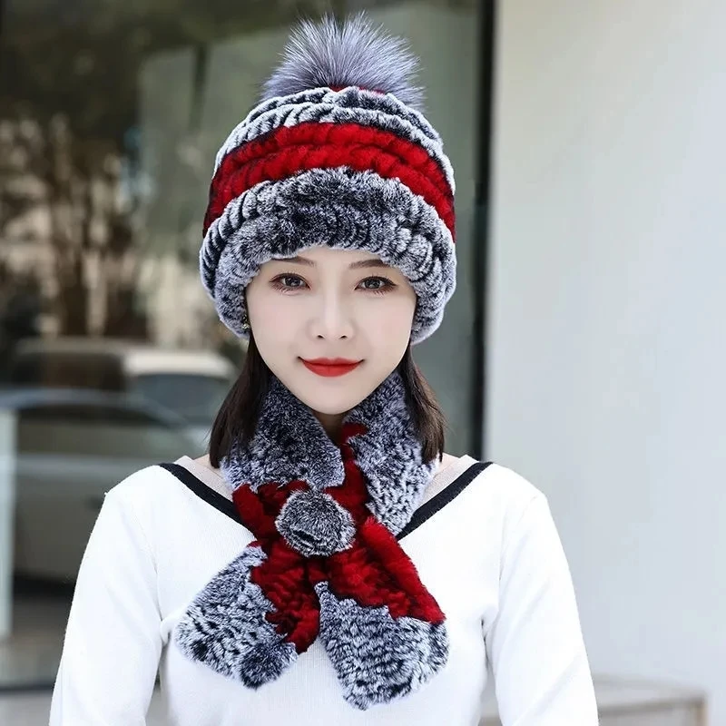 New 2023 Women Knitted genuine natural rabbit fur hat cap headgear headdress women warmer skullies Wholesale